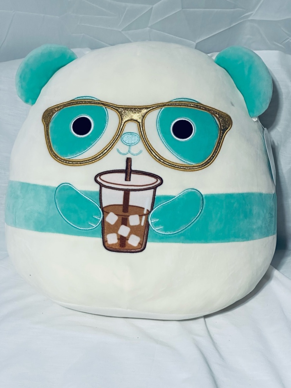 Squishmallow Plush Bear Pillow with Sunglasses and Drink - Teal & White